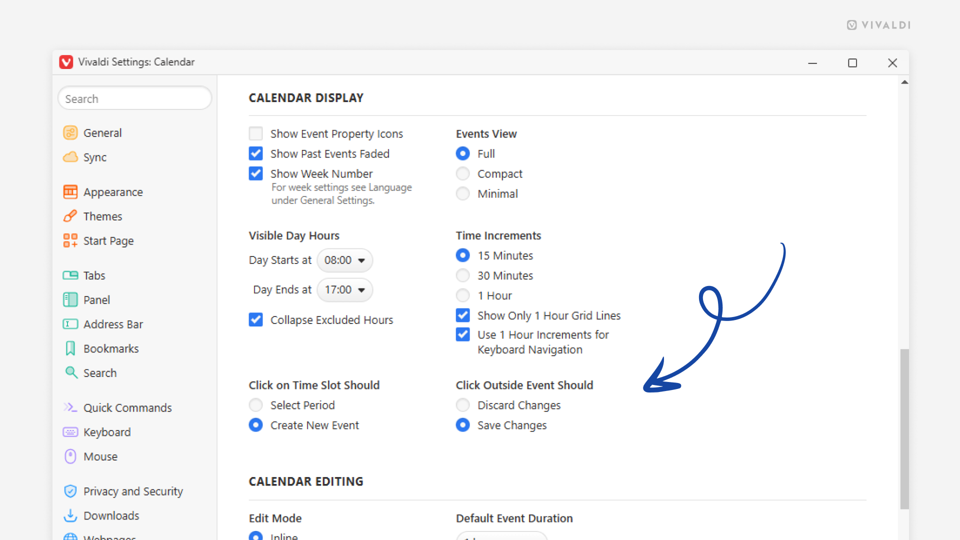Vivaldi のカレンダー設定で、矢印が「予定の外をクリックした際の挙動」設定を指している