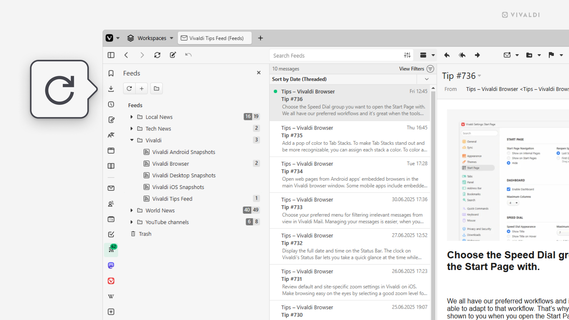 Vivaldi ブラウザウィンドウでフィードパネルが開いていて、「すべてのフィードを確認」ボタンが拡大されて表示されている