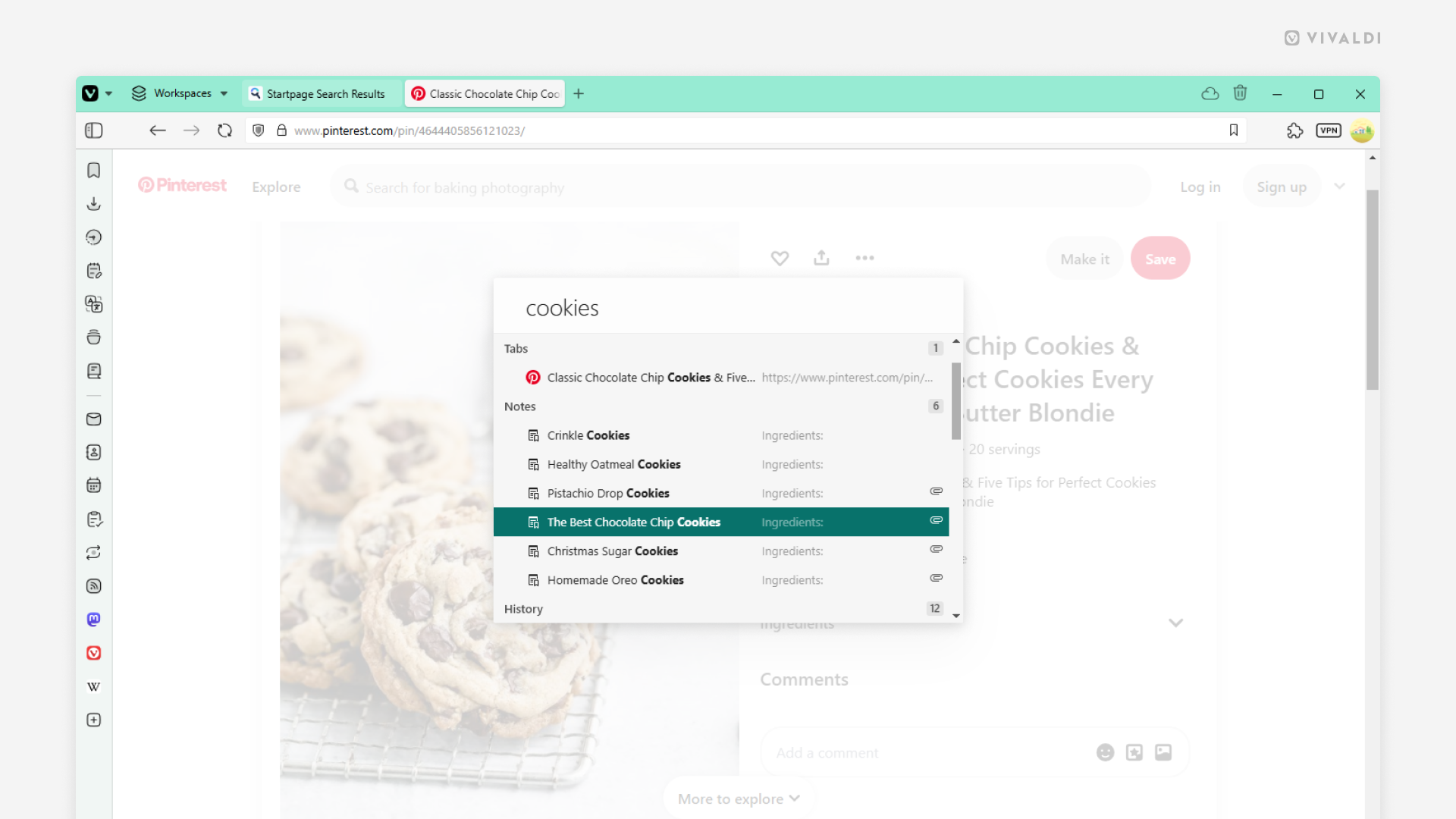 Vivaldi ブラウザウィンドウでクイックコマンドが開いており、クエリに一致するメモが検索結果に表示されている