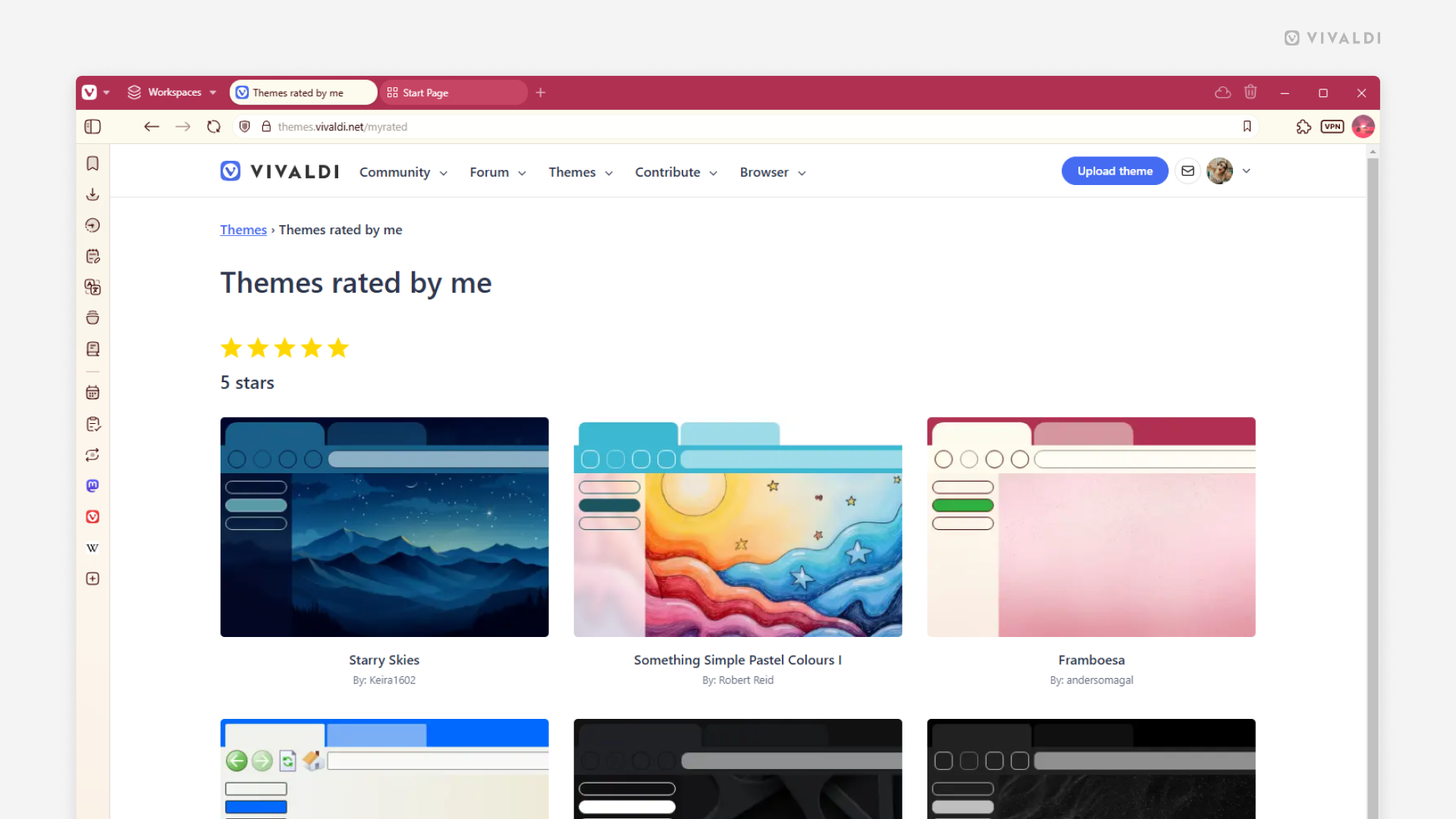 Vivaldi ブラウザで過去に評価したテーマのページが開いている