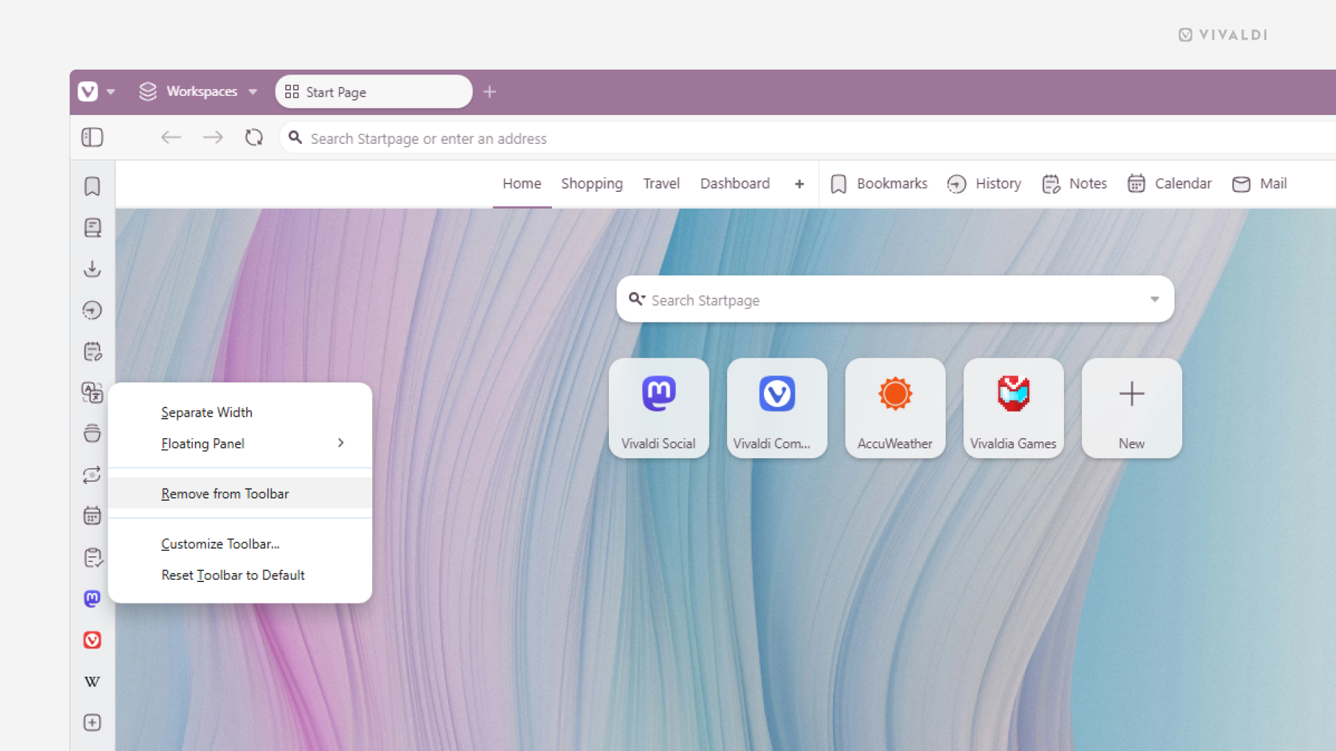 Vivaldi のブラウザウィンドウでパネルのコンテキストメニューが開かれていて、「ツールバーから削除」のオプションがハイライトされている