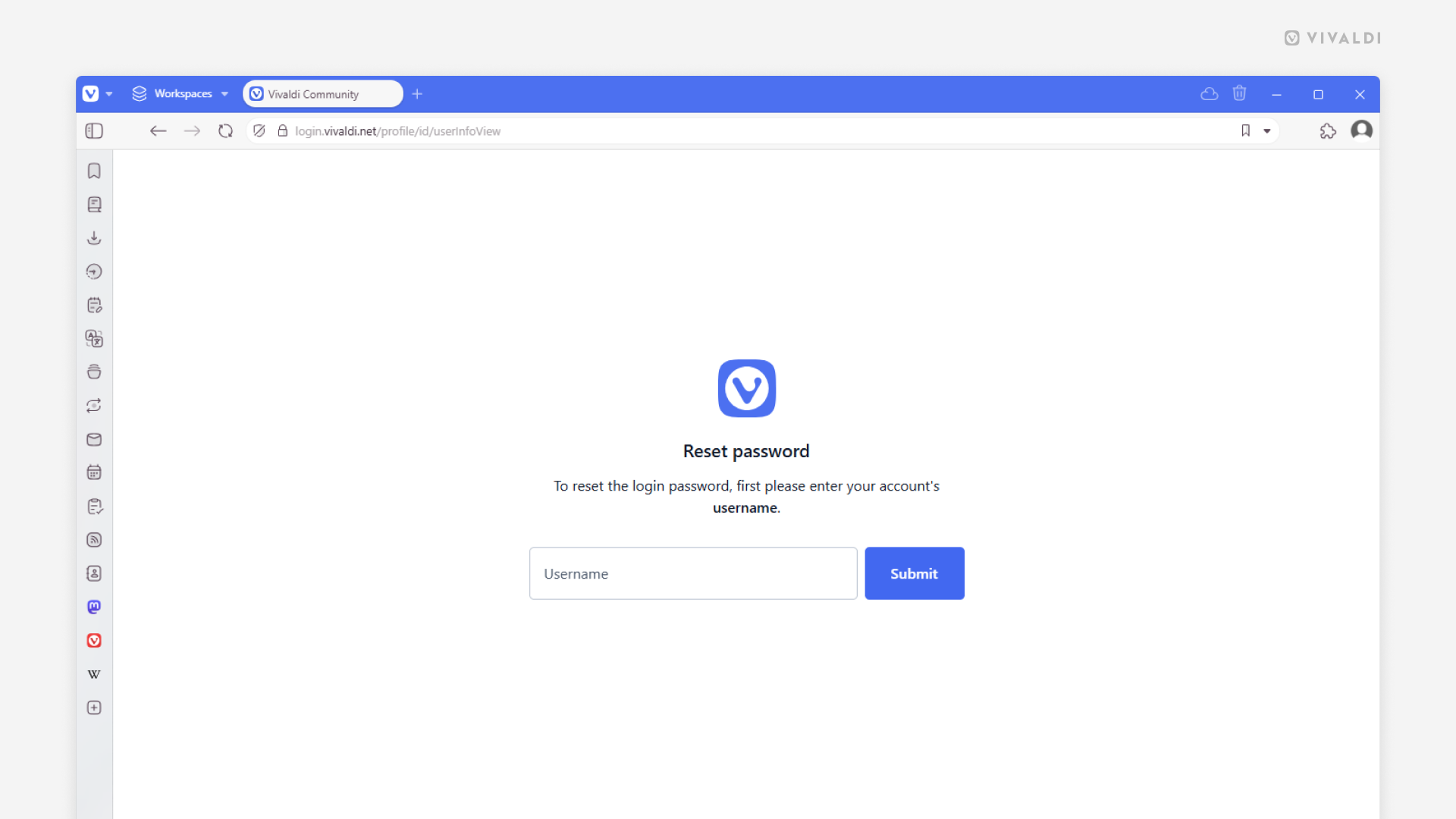 Vivaldi ブラウザで Vivaldi.net のパスワードのリセットページが開いていて、ユーザー名の入力が求められている