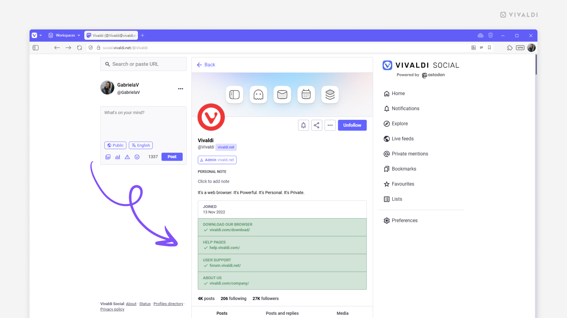Vivaldi Social のアカウントでプロフィール情報に認証済みのリンクが表示されている
