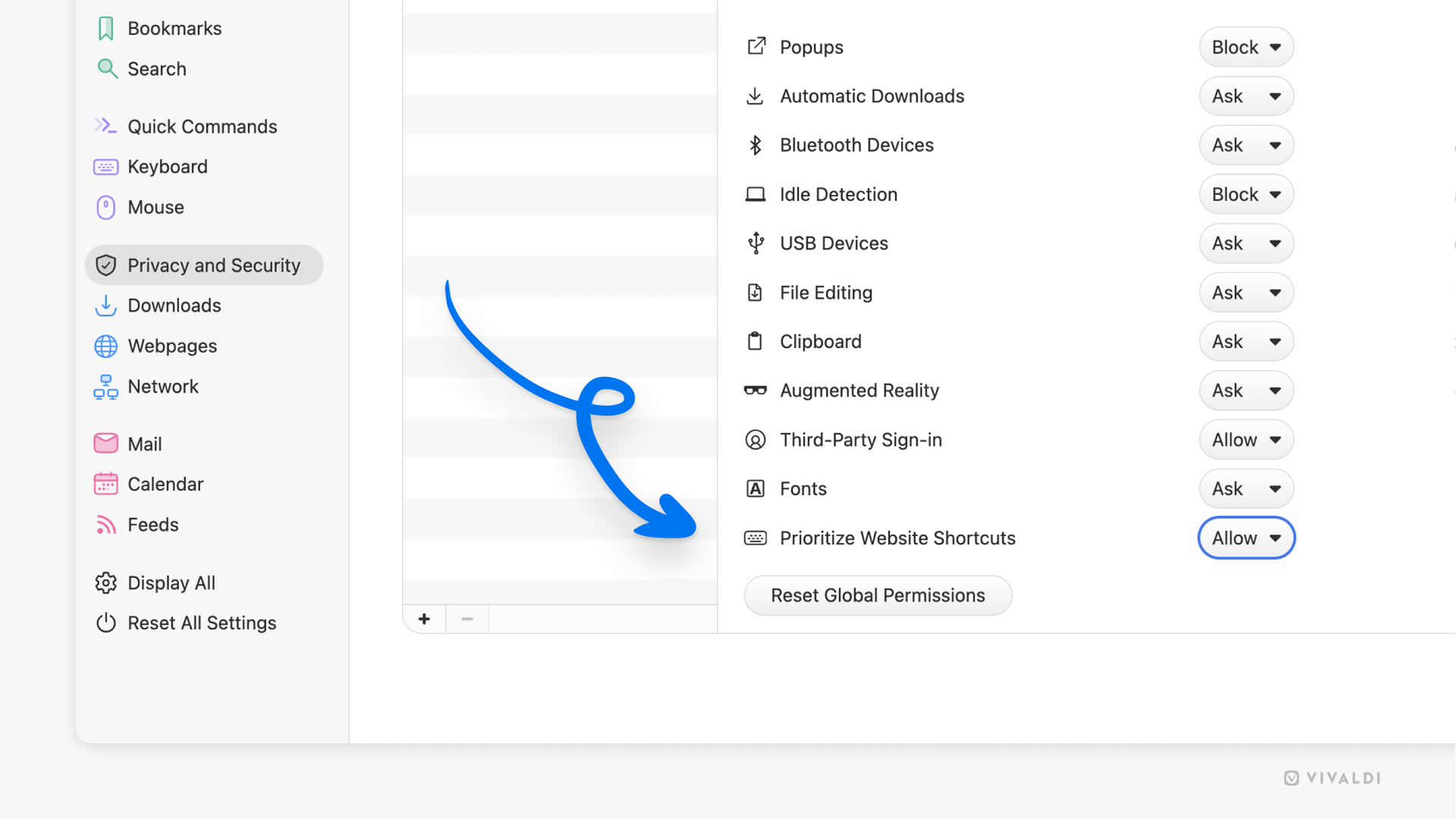 Réglages des autorisations par site Web dans Vivaldi. Une flèche pointe vers l'option « Prioriser les raccourcis du site Web » qui est définie sur « Autorisé ».