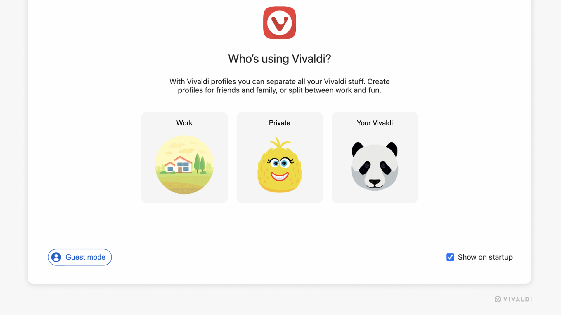 Fenêtre de sélection de profil dans Vivaldi.